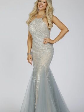Terani Couture Silver Nude  Sequin Beaded Halter Strap Evening Gown